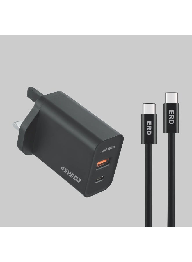 ERD شاحن سريع ERD TCU-645 بقوة 45 واط - منفذين USB-A و USB-C مع كابل C إلى C | شحن سريع متعدد الأجهزة | أسود | 45 واط - Image 2